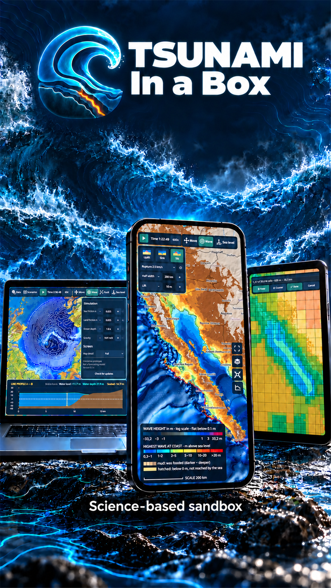 Tsunami in a Box science-based sandbox shown on a phone, laptop and tablet
