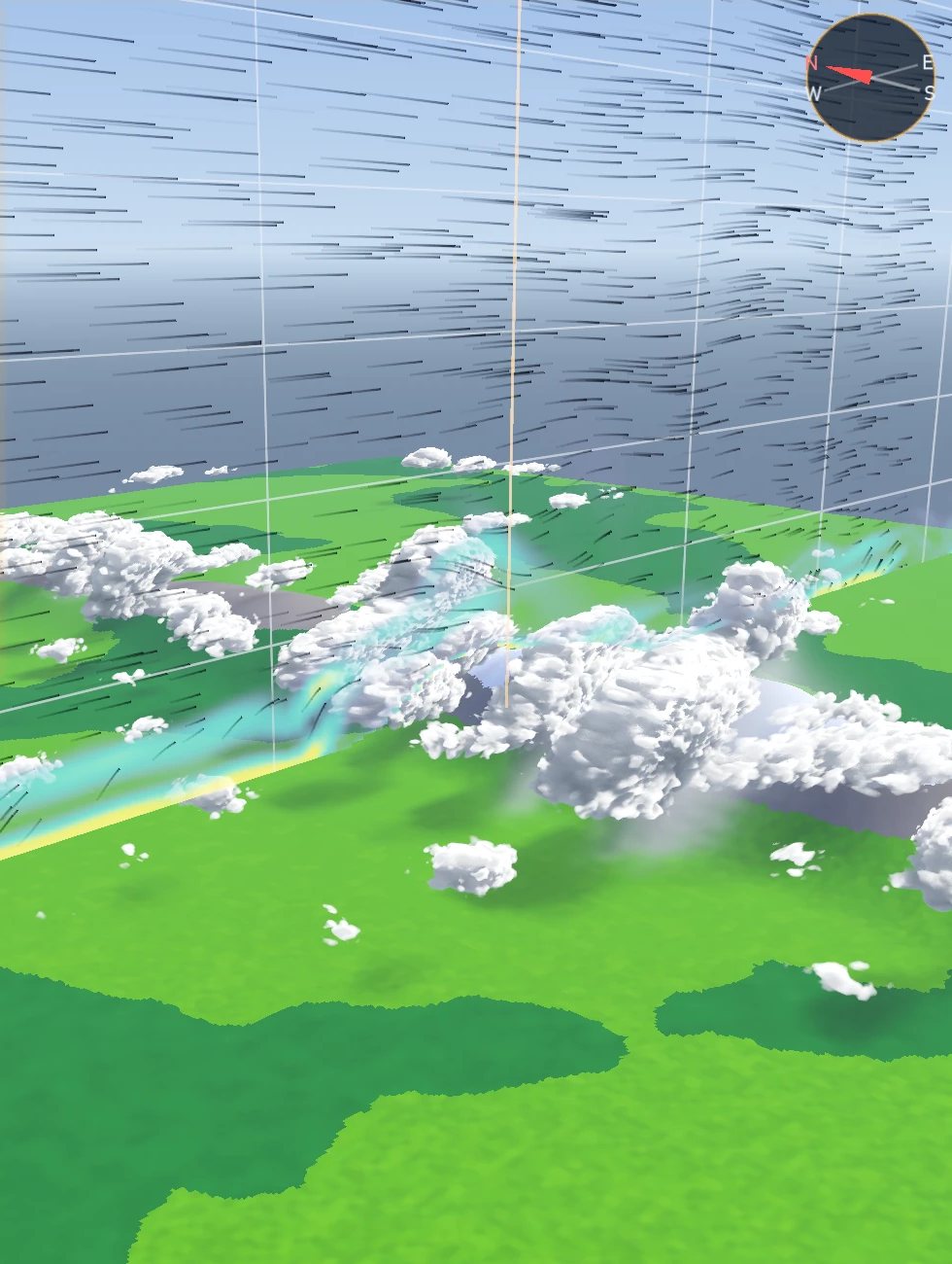 Cumulus clouds over fields in 3D